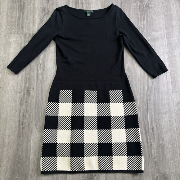 Lauren Ralph Lauren Knit Dress Women's Size Medium Black White Check Stretch - Picture 12 of 12